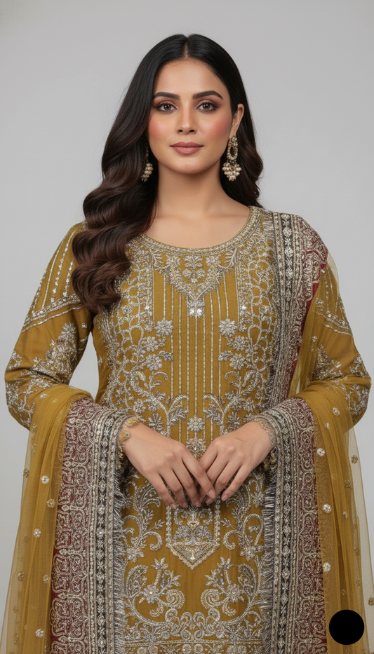 Mustard yellow chiffon Pakistani women's straight shirt with plazo side view