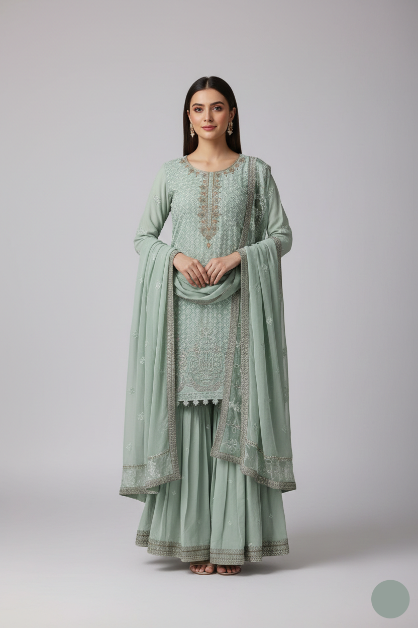 Chiffon straight shirt gharara ABS 3095 - Pakistani women's party wear with chiffon dupatta front view