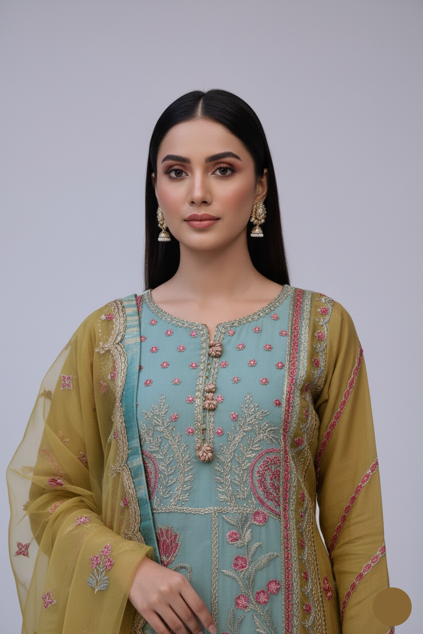 Organza straight shirt ABS 3157 - Pakistani women's elegant formal wear with grip trouser and organza dupatta front view