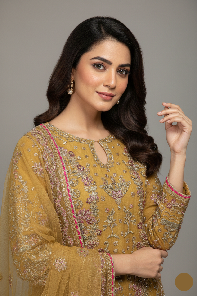 Mustard yellow organza Pakistani women's straight shirt side view