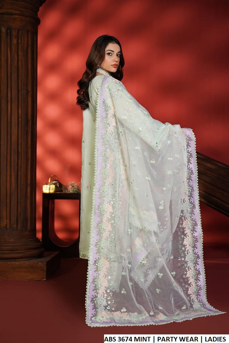 Pakistani women's mint organza straight open shirt detail view