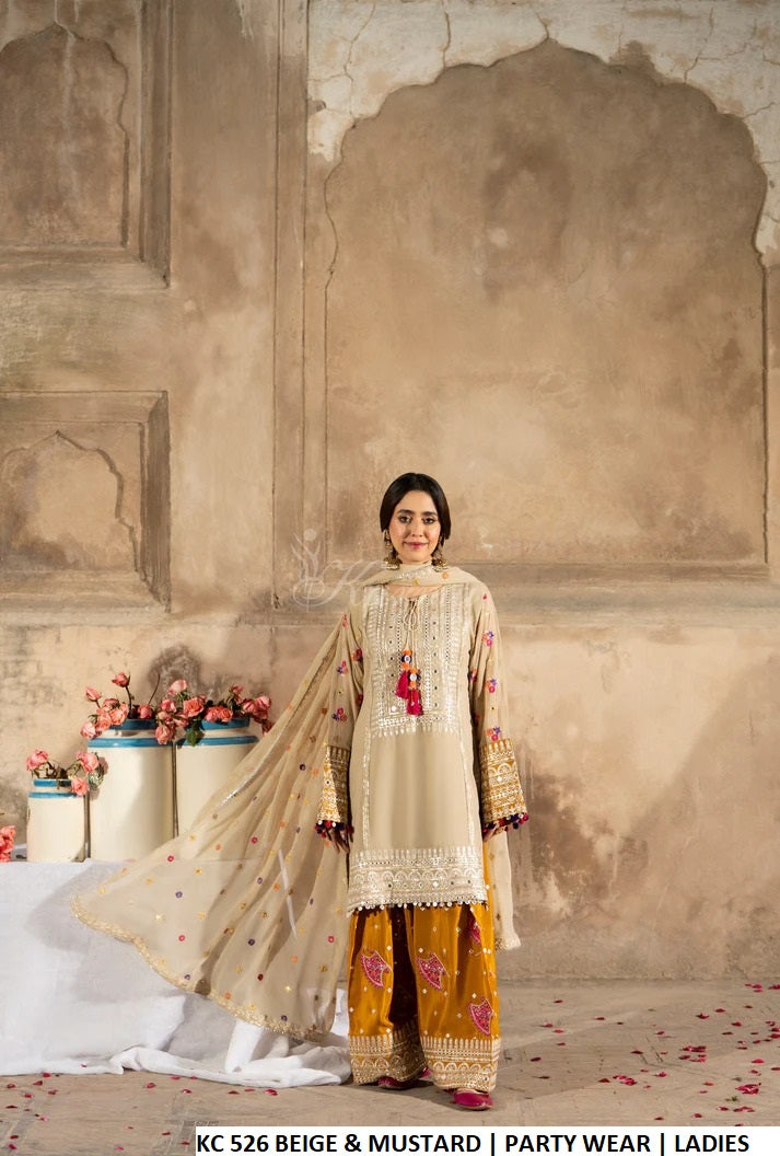 Georgette embroidered short shirt farshi shalwar beige - Pakistani women's festive party wear with gotta crinkle chiffon dupatta front view