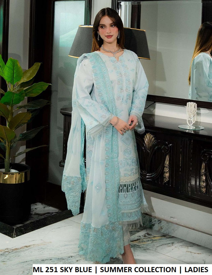 ML 251 SKY BLUE - Sky Blue Cotton Chiffon 3-Piece Women's Pakistani Suit