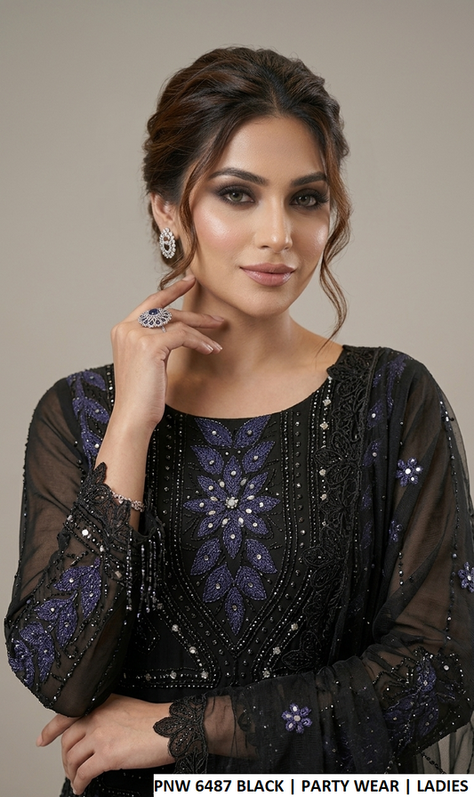 PNW 6487 BLACK - Black Chiffon Straight Plazo 3-Piece Women's Pakistani Suit
