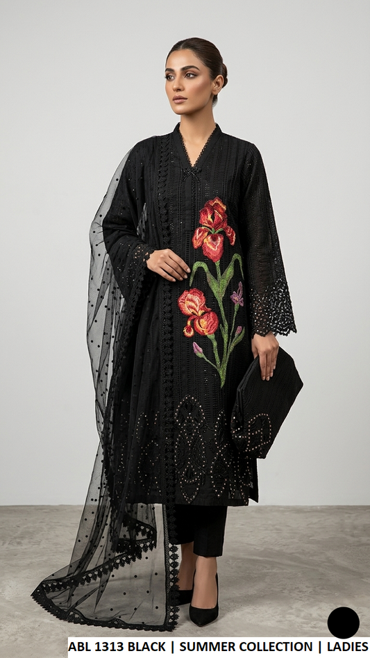ABL 1313 BLACK - Black Lawn A-Line 3-Piece Women's Pakistani Suit