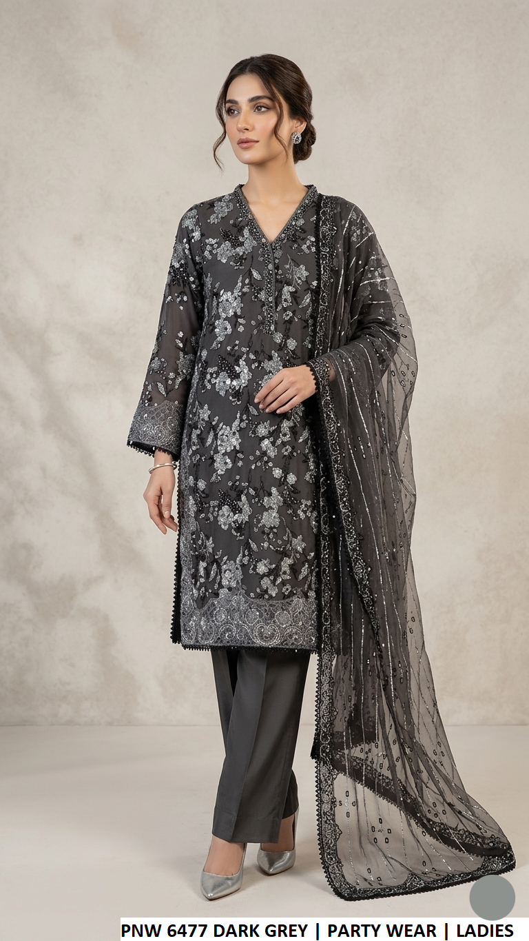 PNW 6477 DARK GRAY - Dark Gray Chiffon Straight Plazo 3-Piece Women's Pakistani Suit