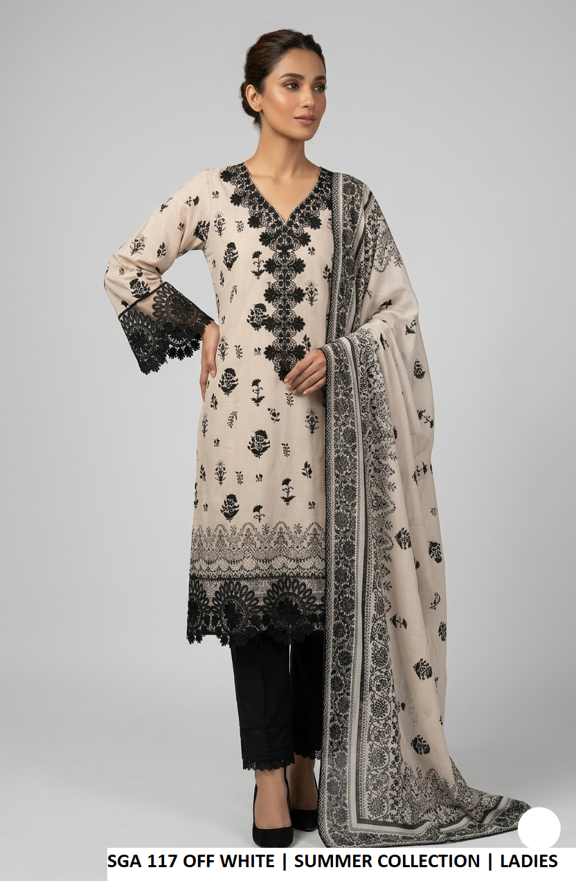 Lawn A-Line shirt off white - Pakistani women's casual summer outfit with lawn trouser and dupatta front view