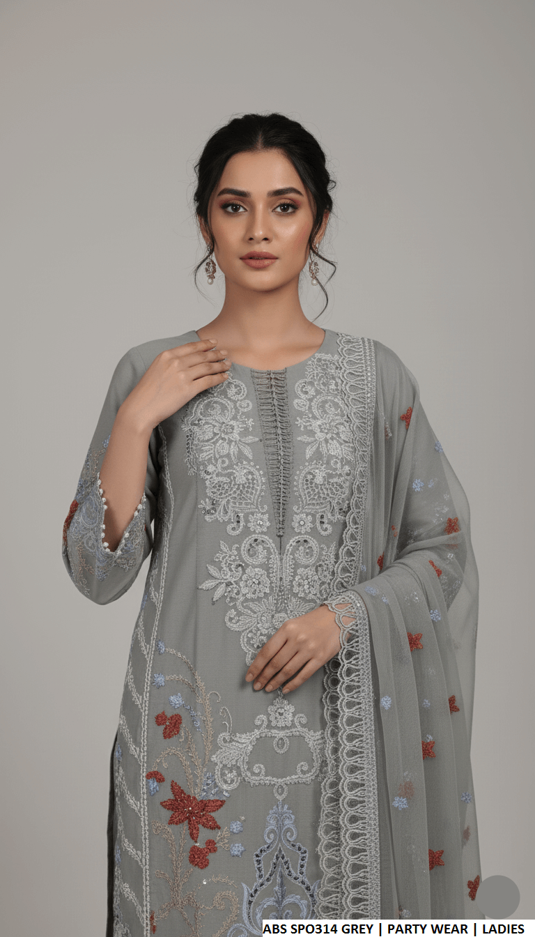 Grey chiffon Pakistani women's straight shirt with plazo side view