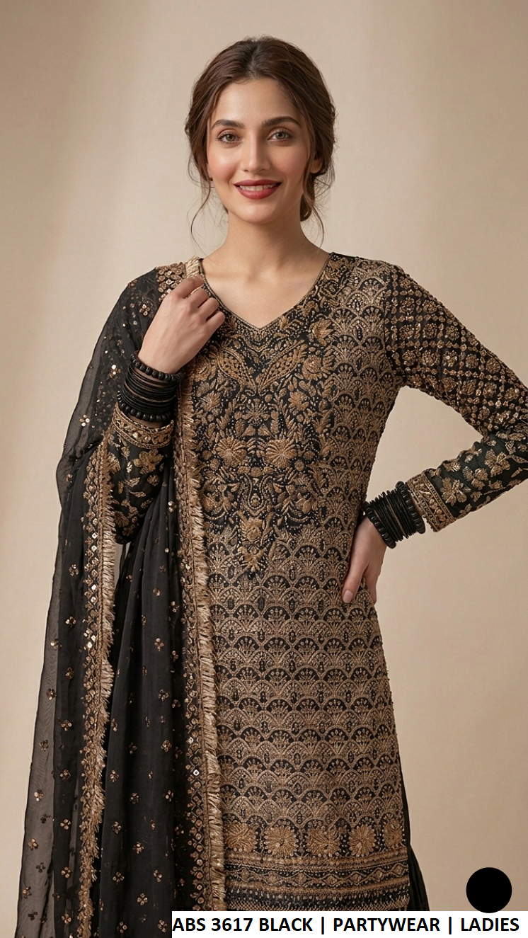 ABS 3617 BLACK - Black Chiffon Straight 3-Piece Women's Pakistani Suit