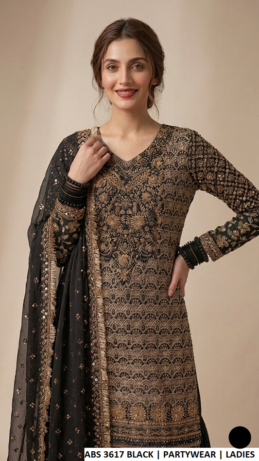 ABS 3617 BLACK - Black Chiffon Straight 3-Piece Women's Pakistani Suit