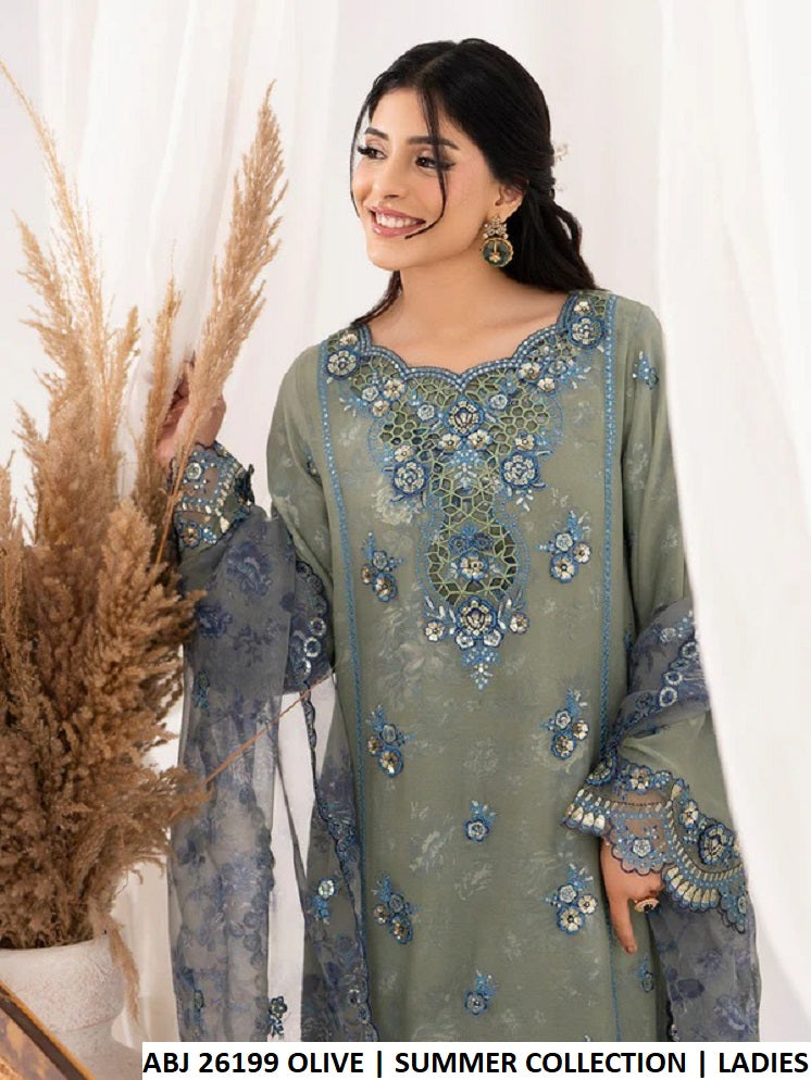 ABJ 26199 OLIVE GREEN - Olive Green Chiffon Straight 3-Piece Women's Pakistani Suit