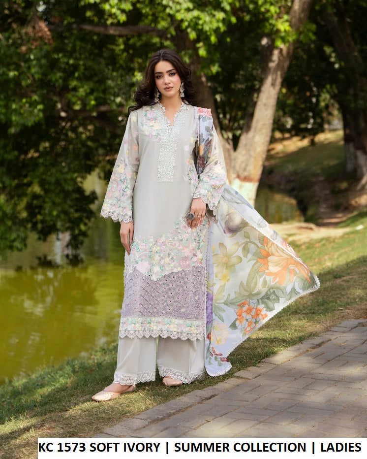 KC Sunehri 1573 Soft Ivory - Soft Ivory Embroidered 3-Piece Women's Pakistani Lawn Suit