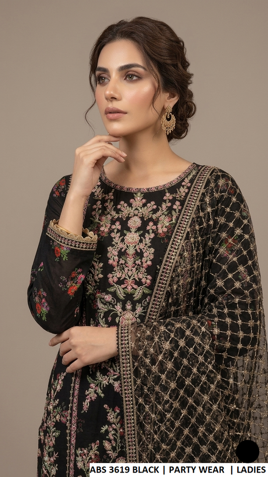ABS 3619 BLACK - Black Organza Straight 3-Piece Women's Pakistani Suit