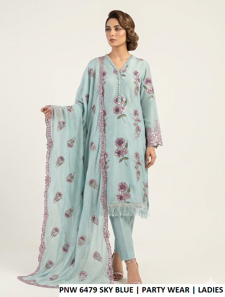 PNW 6479 SKY BLUE - Sky Blue Chiffon 3-Piece Women's Plazo Suit Pakistan