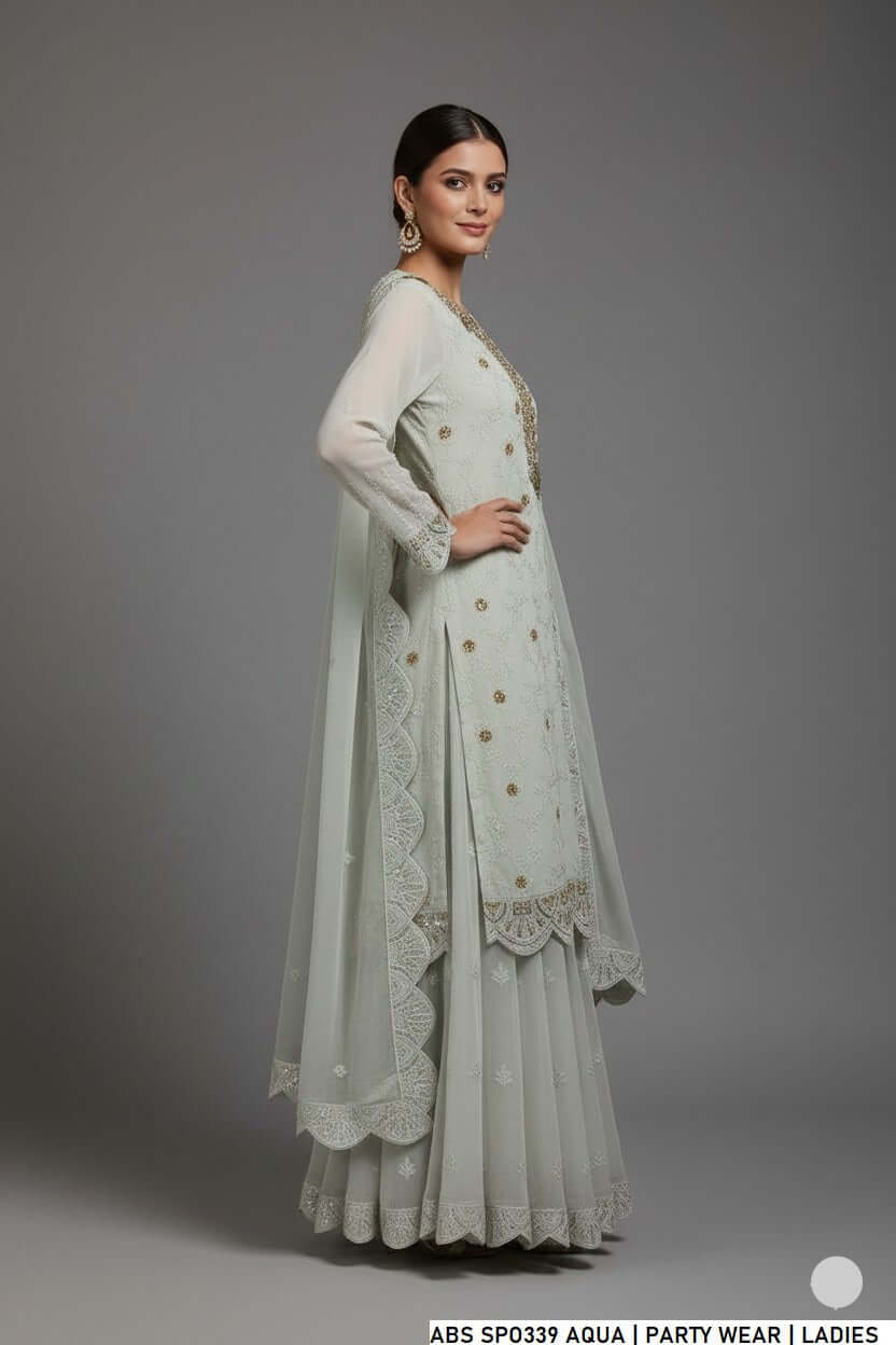 Pakistani women's aqua chiffon shirt sharara back view