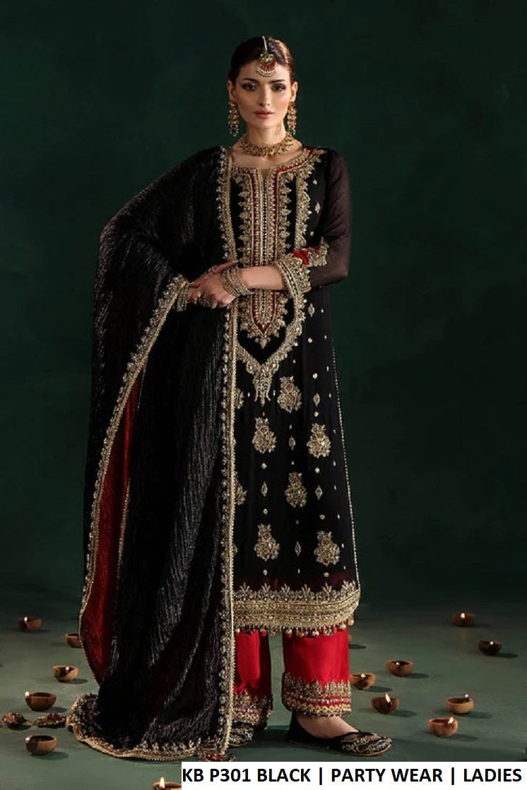 Crinkle chiffon long shirt black - Pakistani women's elegant formal wear with kattan silk trouser and crushed silk dupatta front view
