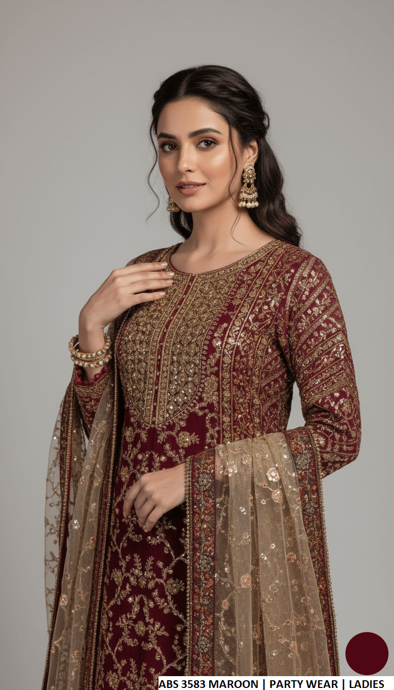 Maroon chiffon Pakistani women's shirt with plazo side view