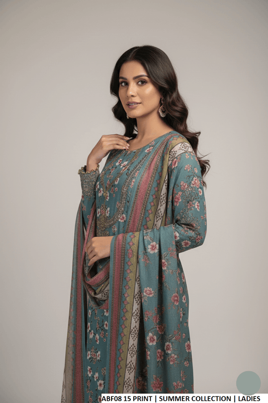 Pakistani women's cotton long frock printed casual outfit side view