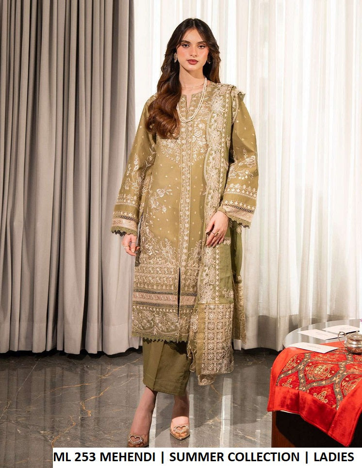 ML 253 MEHENDI - Mehendi Cotton Straight 3-Piece Women's Pakistani Suit