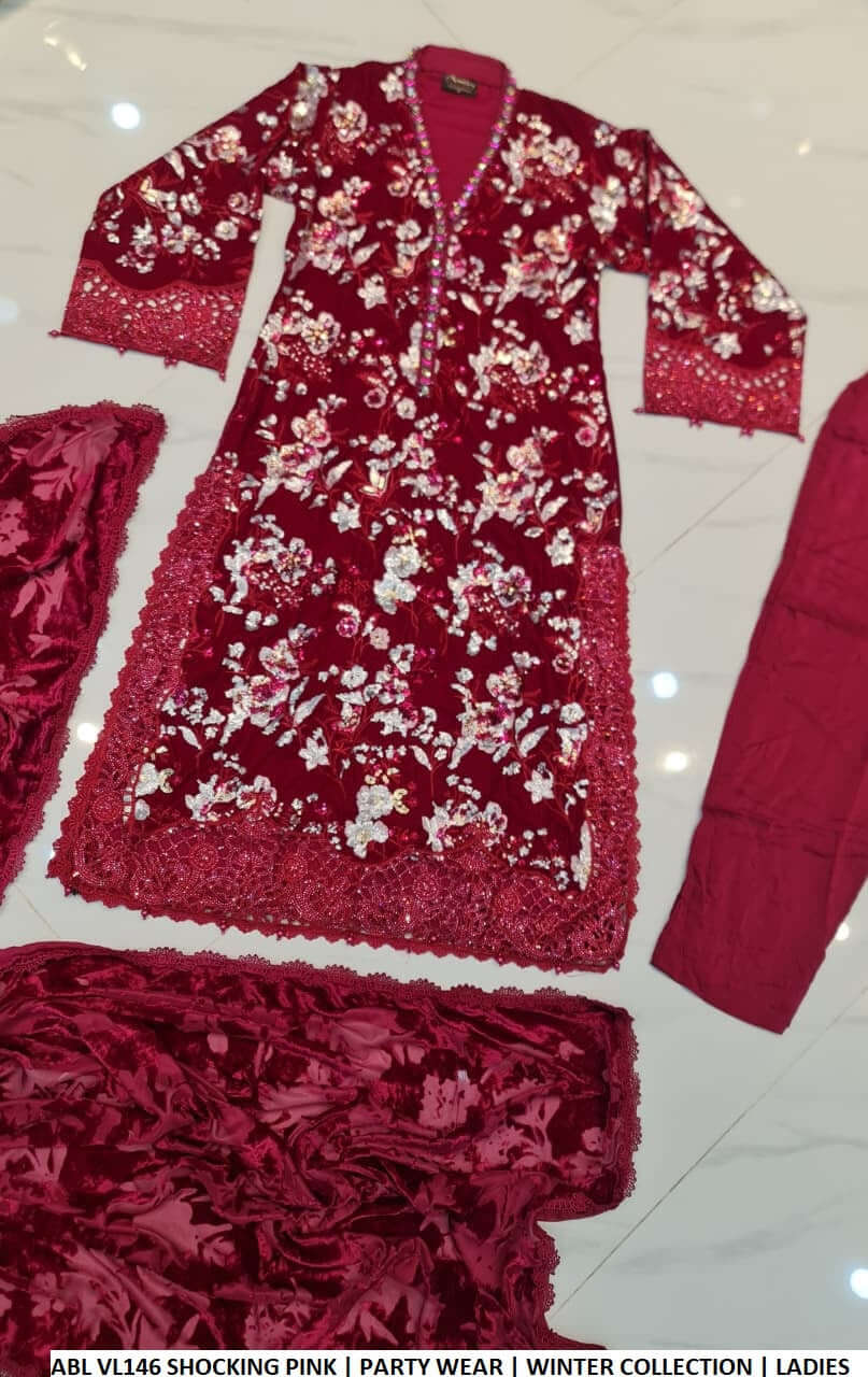 Pakistani women's shocking pink velvet A-Line shirt back view