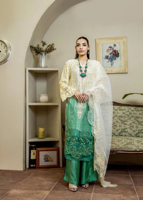 Off white chiffon Pakistani women's straight shirt with plazo side view