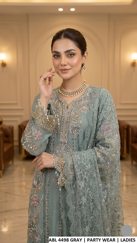 ABL 4498 DUSTY GRAY - Dusty Gray Chiffon Straight 3-Piece Women's Pakistani Suit
