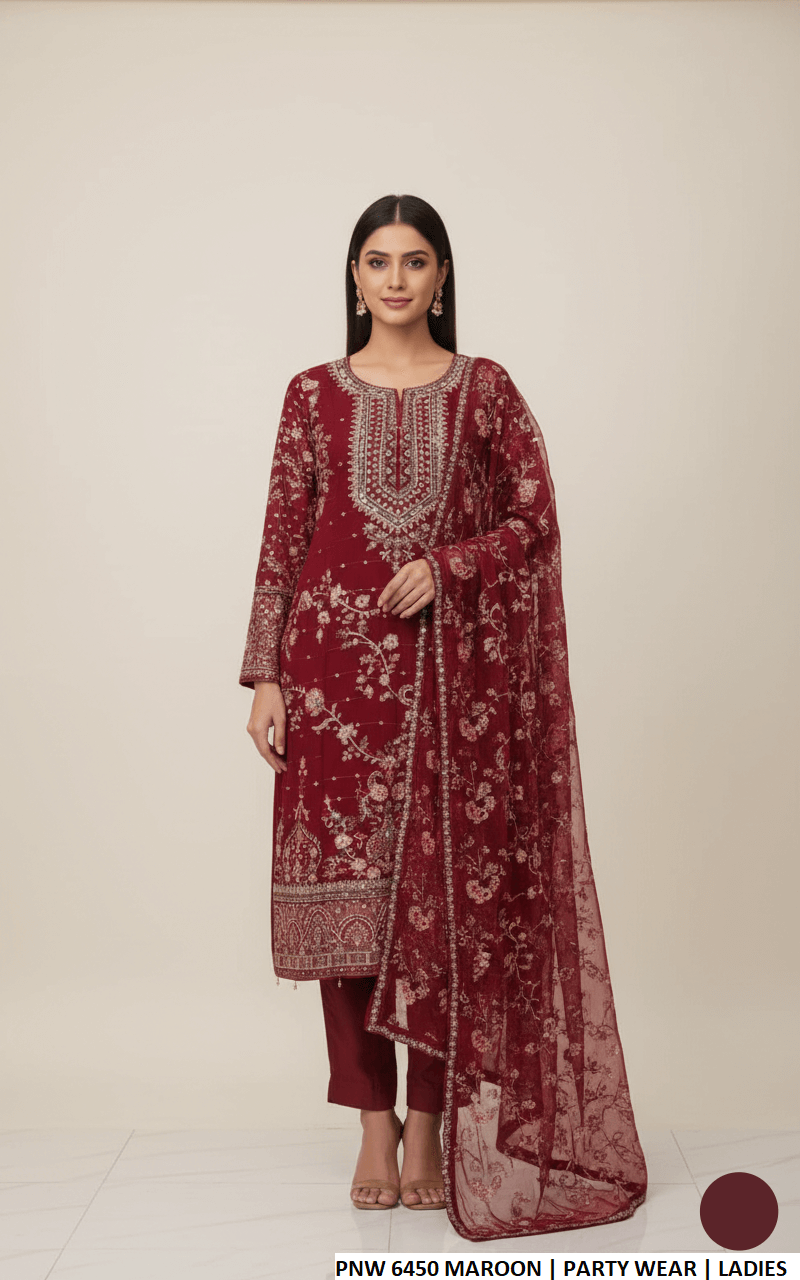 Chiffon straight shirt plazo maroon - Pakistani women's party wear with grip plazo and chiffon dupatta front view