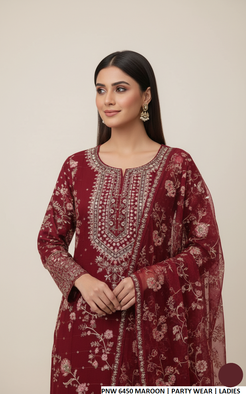 Maroon chiffon Pakistani women's straight shirt with grip plazo side view
