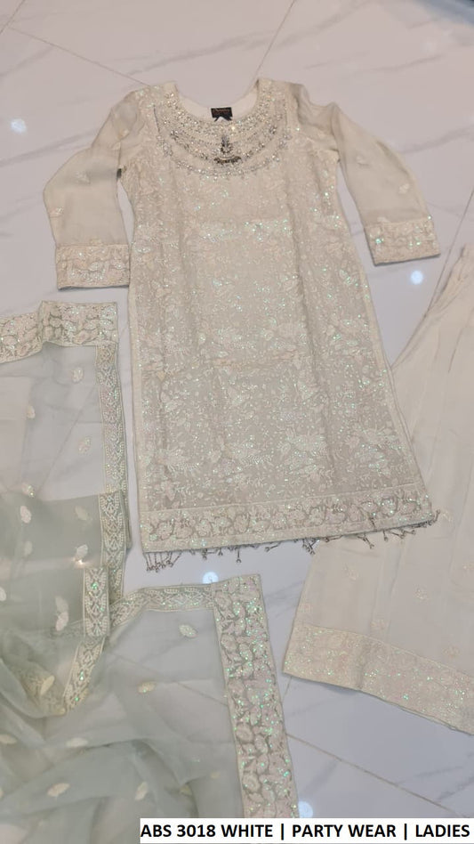 White chiffon Pakistani women's straight shirt with grip plazo back view