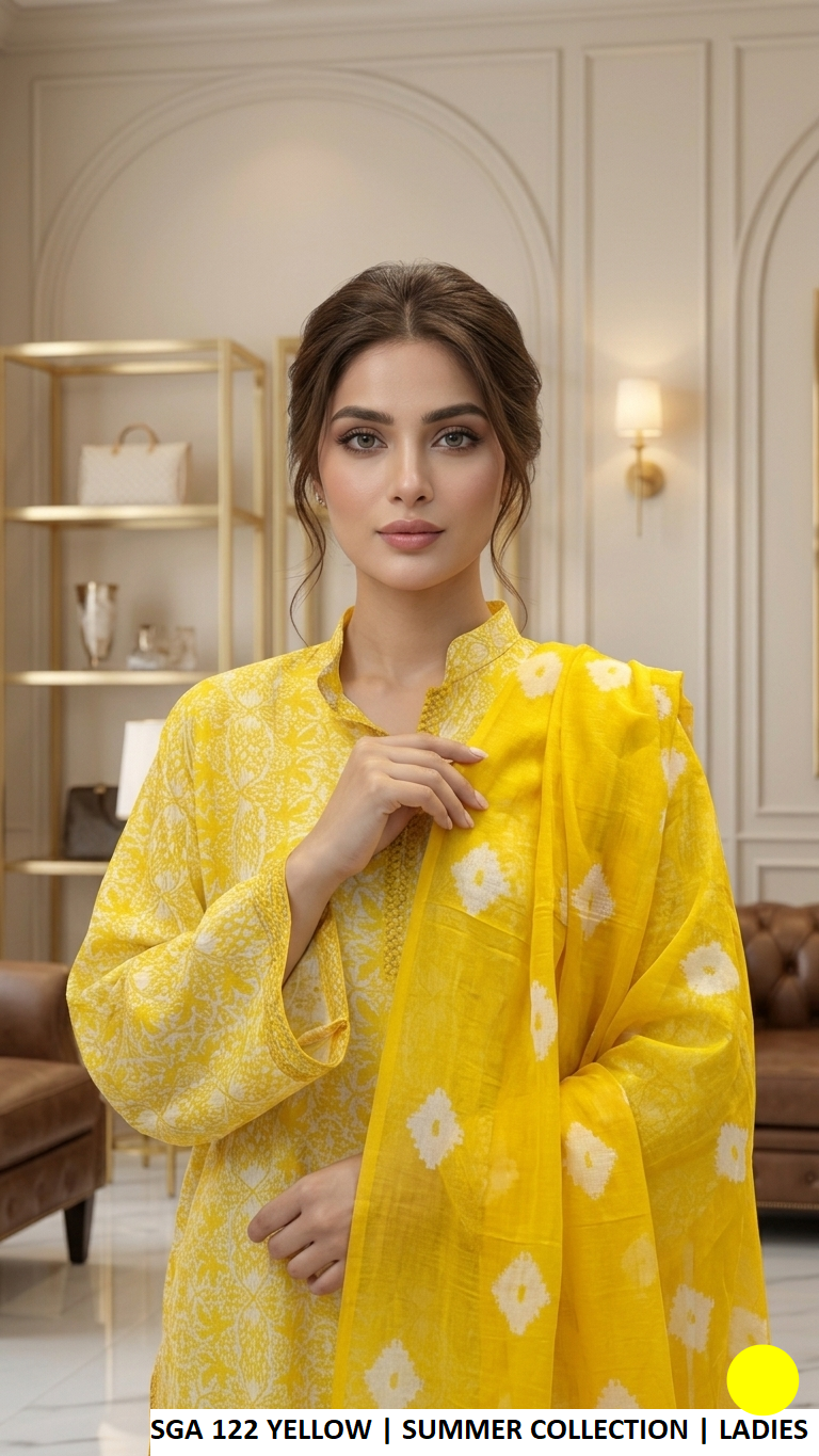 SGA 122 YELLOW - Yellow Lawn 3-Piece Women's Plazo Suit Pakistani Fashion