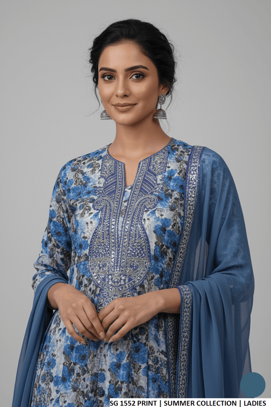 Pakistani women's lawn long frock printed casual outfit side view