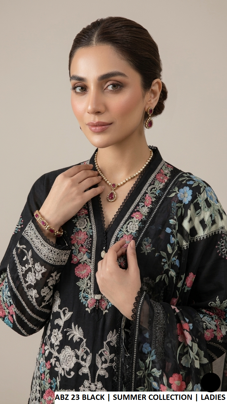 ABZ 23 BLACK - Black Cotton Chiffon Straight 3-Piece Women's Pakistani Suit