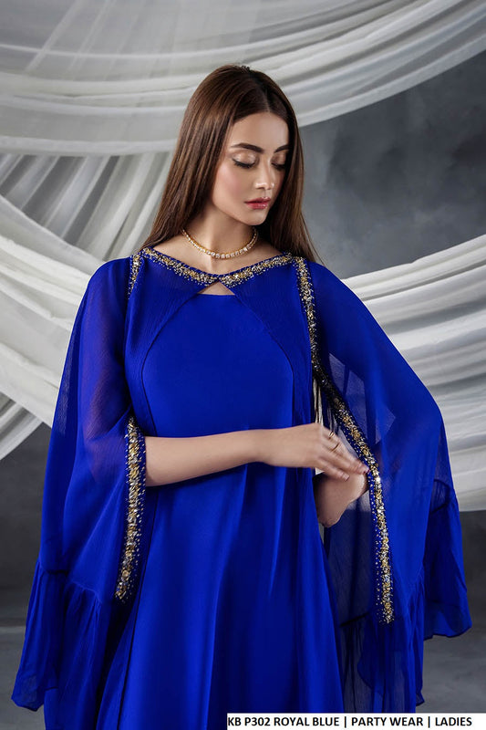 Royal blue chiffon Pakistani women's open gown side view