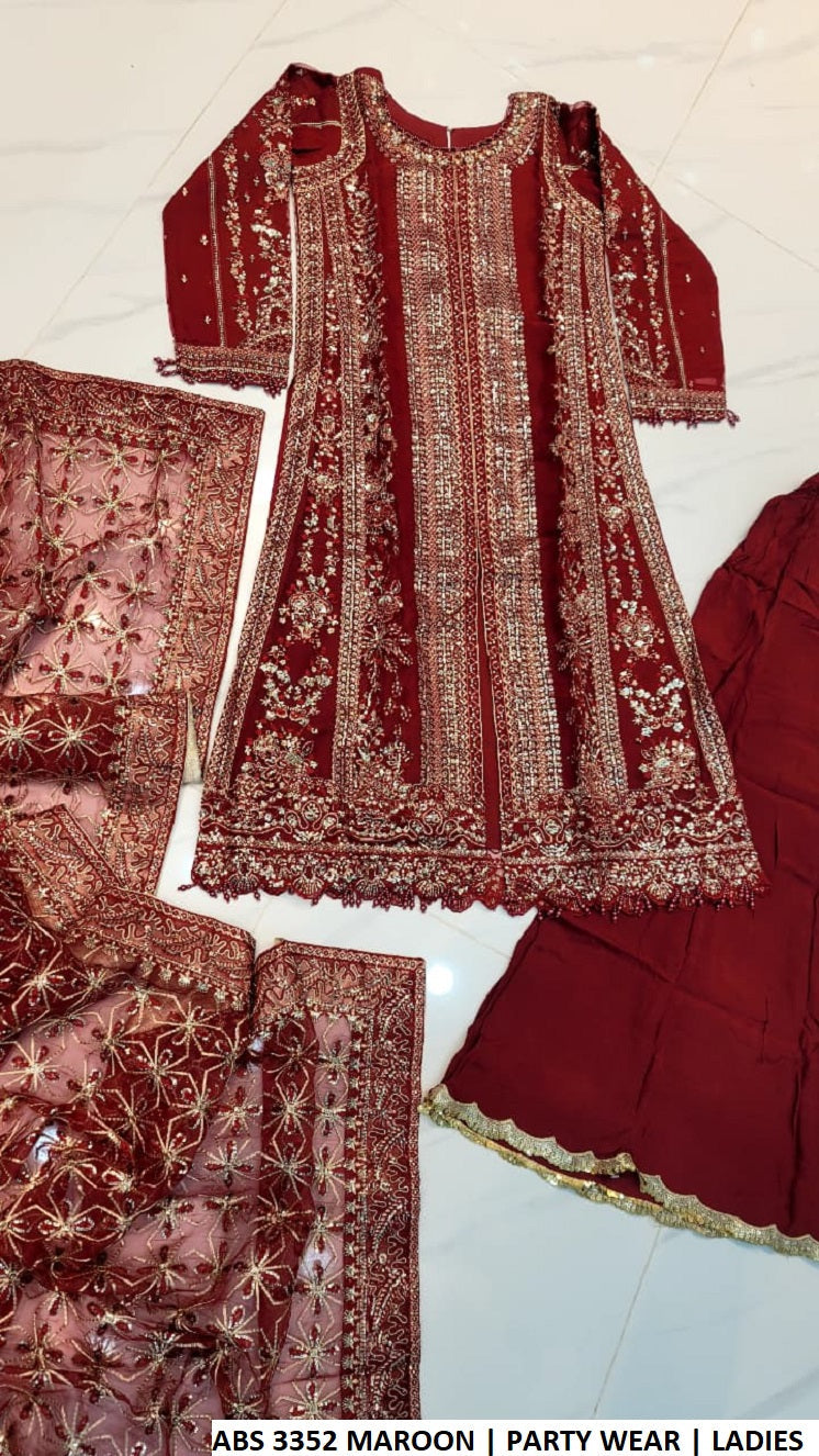 ABS 3352 MAROON - Maroon Chiffon A-Line 3-Piece Women's Pakistani Suit