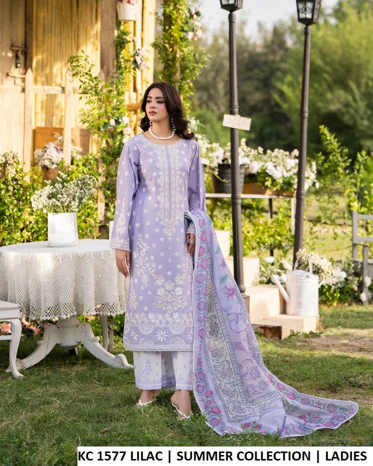 KC Sunehri 1577 - Soft Lilac Embroidered Cotton 3-Piece Women's Pakistani Suit