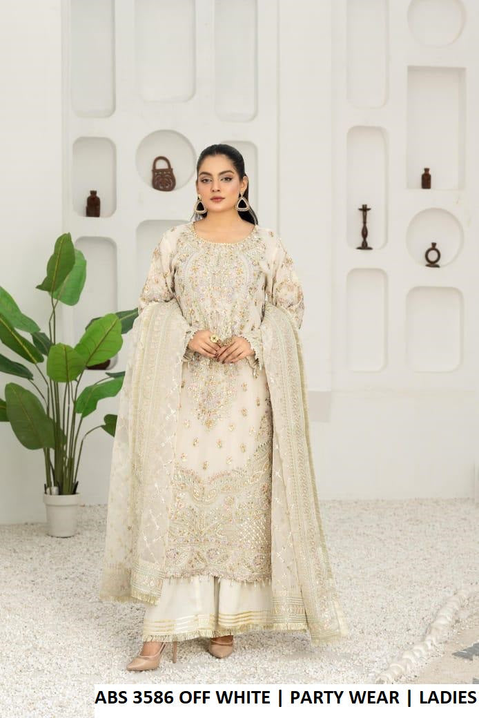 Organza straight shirt plazo off white - Pakistani women's elegant formal wear with grip plazo and organza dupatta front view