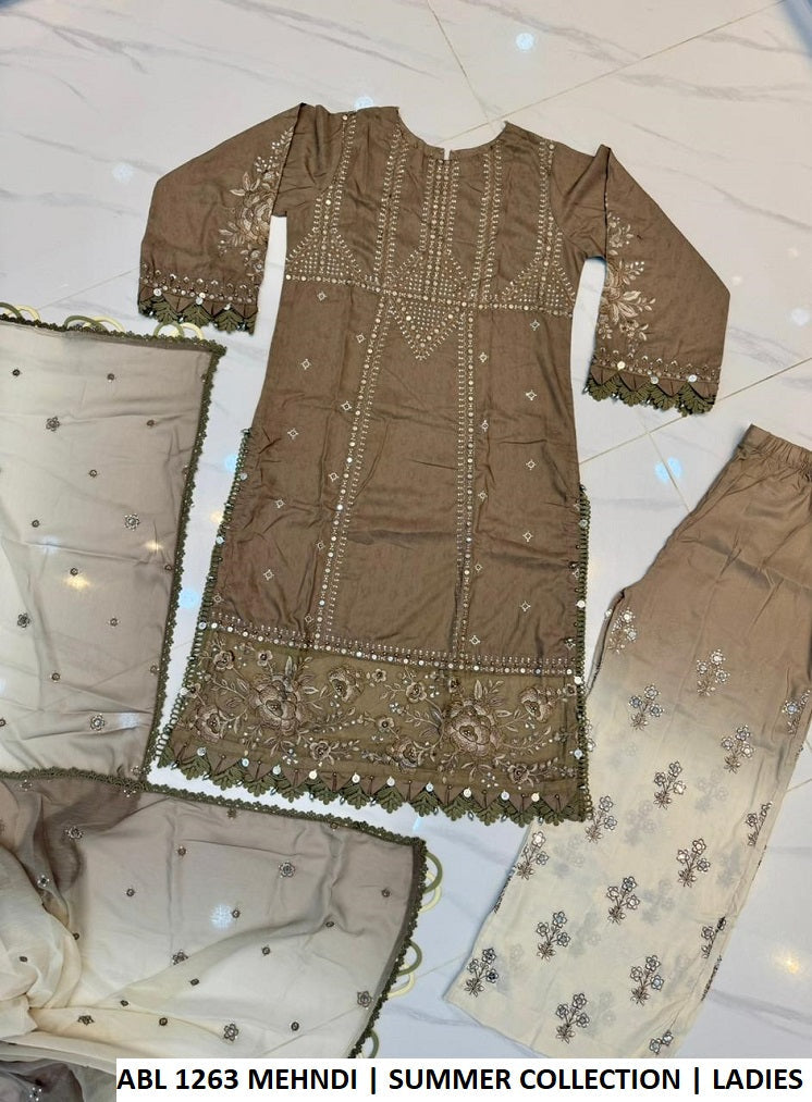 Pakistani women's mehndi green poly lawn straight shirt plazo back view