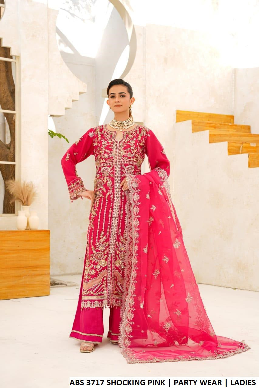 Organza straight open shirt plazo shocking pink - Pakistani women's party wear with viscose plazo and organza dupatta front view
