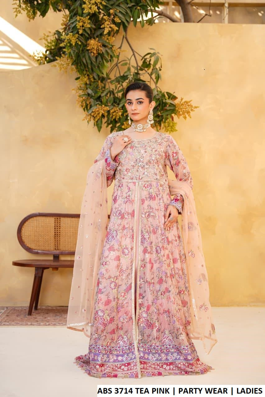Chiffon long open frock tea pink - Pakistani women's elegant formal wear with grip trouser and soft net dupatta front view