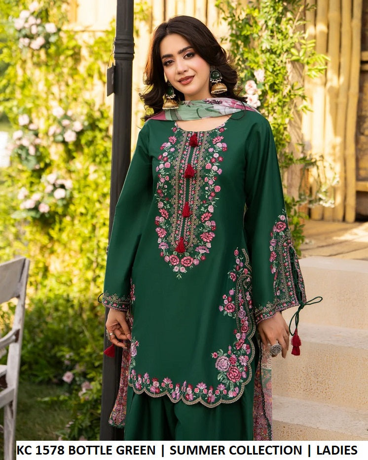 KC Sunehri 1578 Bottle Green - Bottle Green Chiffon Embroidered 3-Piece Women's Pakistani Suit