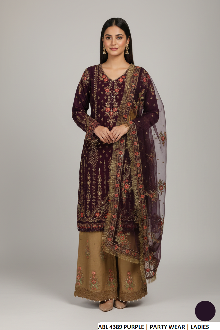 Chiffon shirt plazo purple - Pakistani women's elegant party wear with viscose plazo and organza dupatta front view