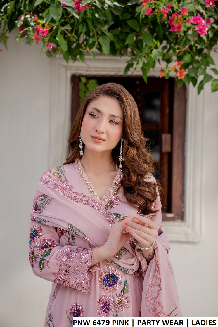 PNW 6479 PINK - Pink Chiffon Straight Women’s 3-Piece Pakistani Plazo Suit