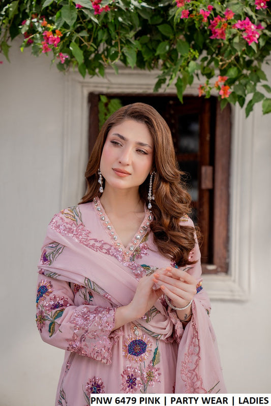 PNW 6479 PINK - Pink Chiffon Straight Women’s 3-Piece Pakistani Plazo Suit