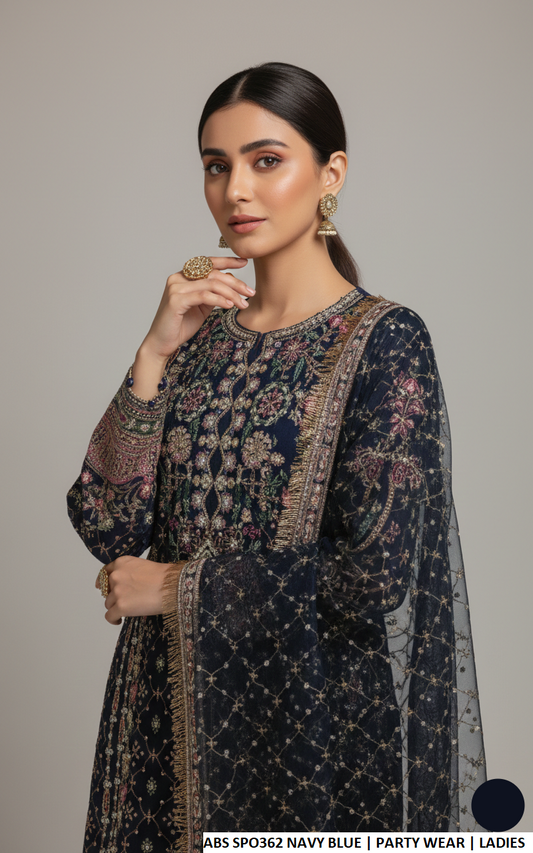 Navy blue chiffon Pakistani women's straight shirt side view