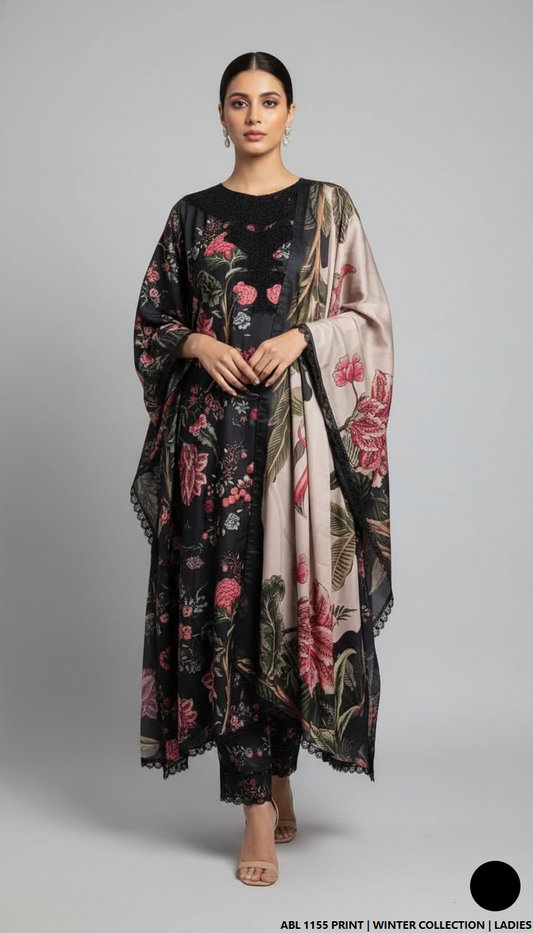 Pakistani women's printed lawn kaftan side view