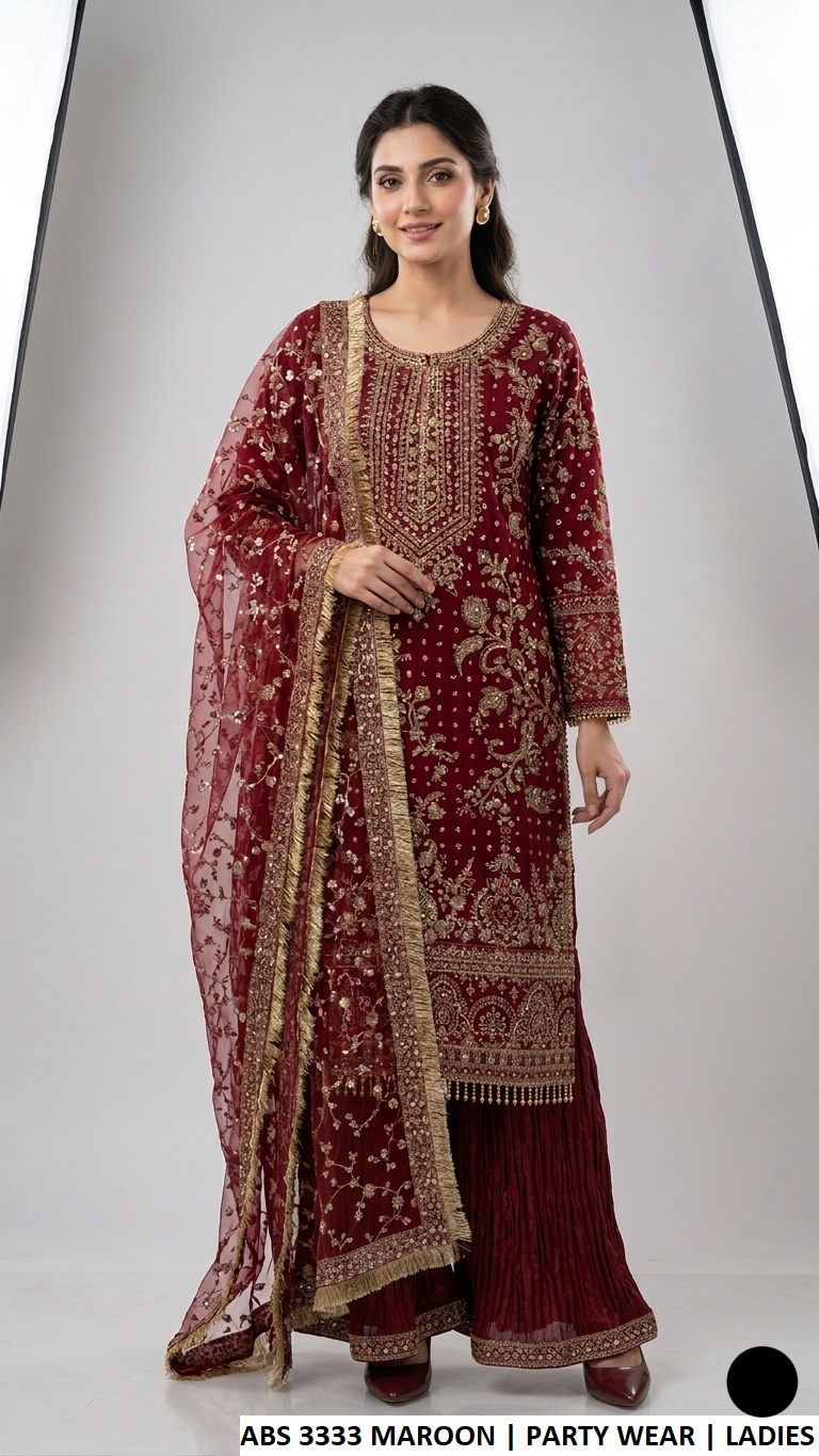 ABS 3333 MAROON - Maroon Chiffon Straight 3-Piece Women's Pakistani Suit