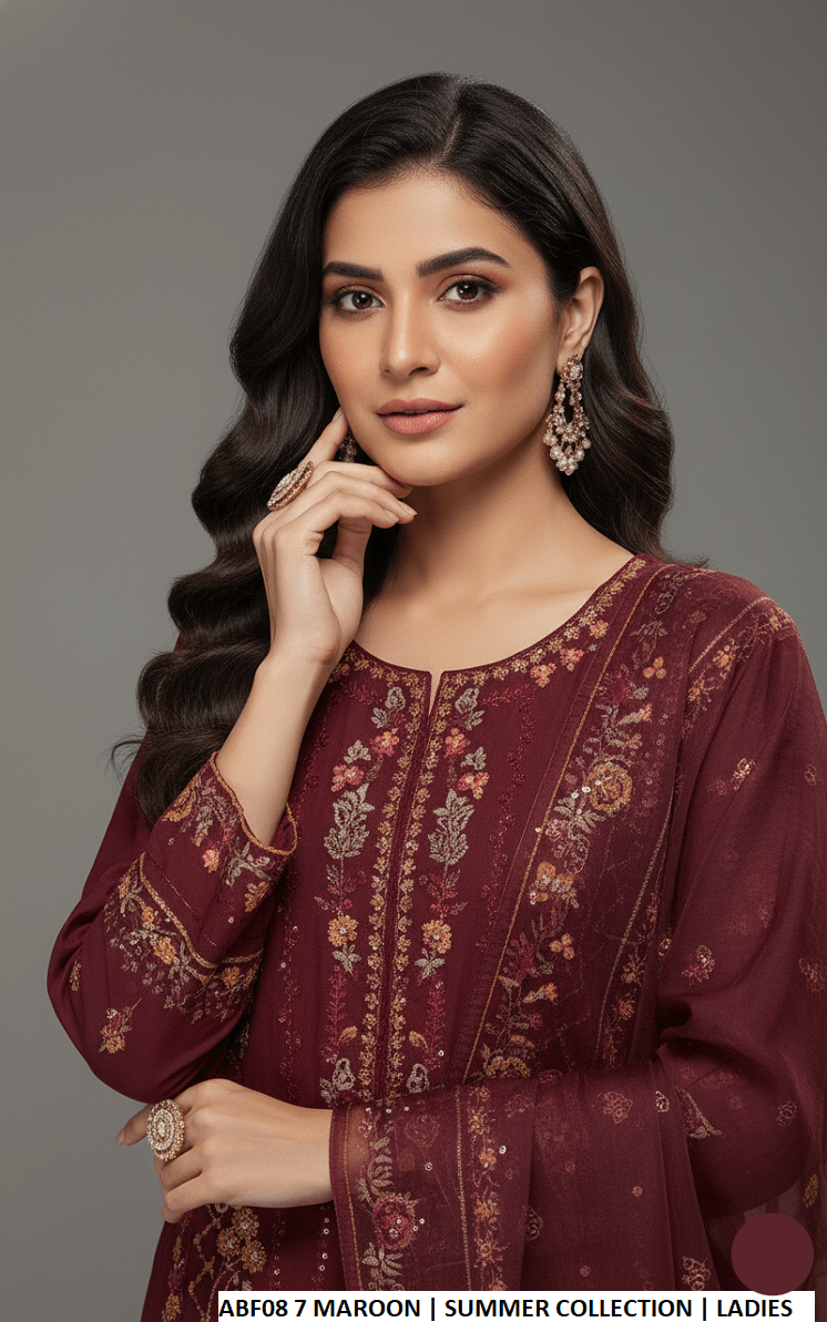 Cotton straight shirt plazo maroon - Pakistani women's casual outfit with chiffon dupatta front view