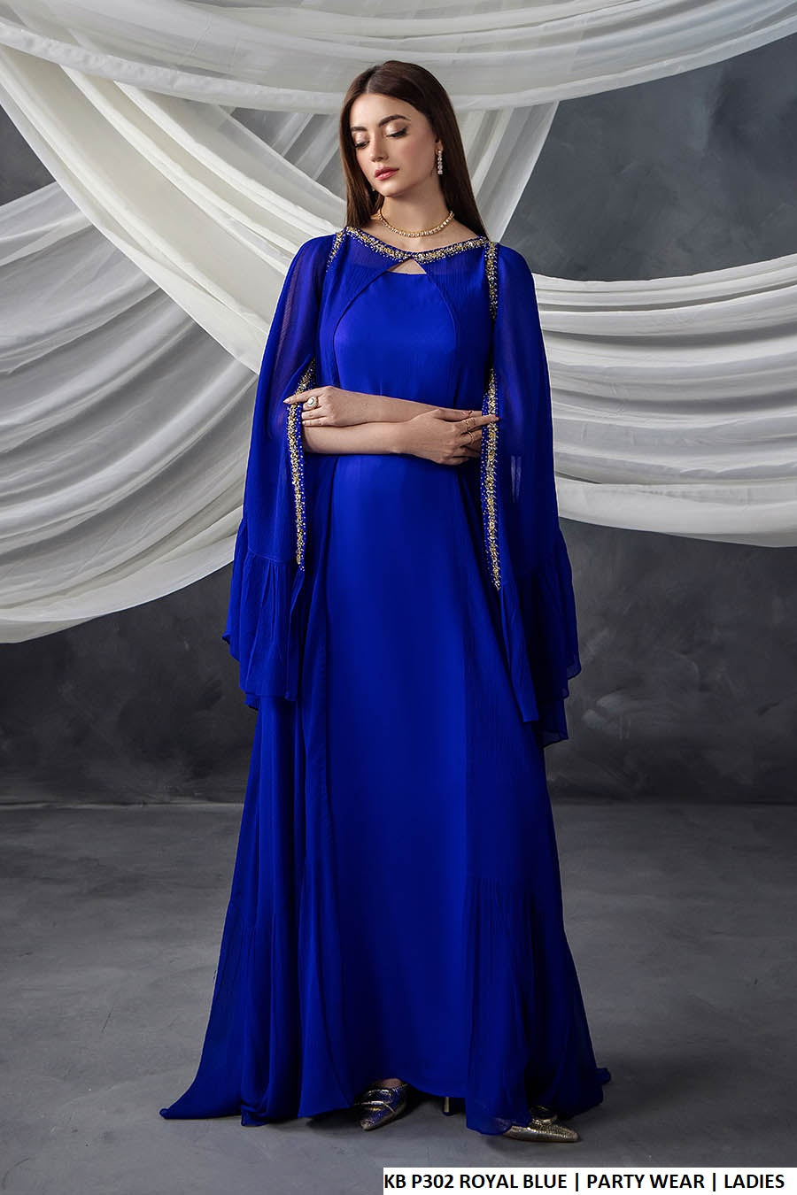 Chiffon open gown royal blue - Pakistani women's luxury formal wear with silk trouser front view
