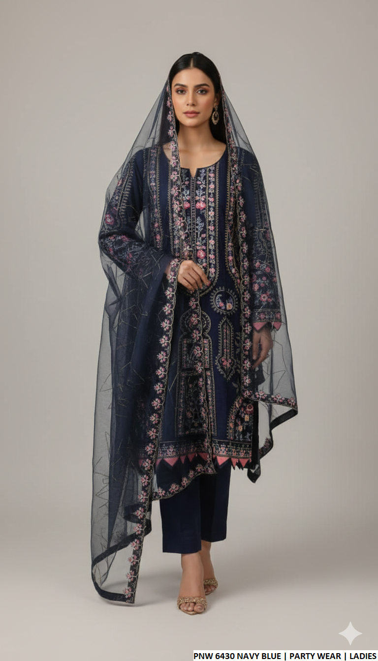 Chiffon straight shirt plazo - Pakistani women's party wear with grip plazo and chiffon dupatta front view