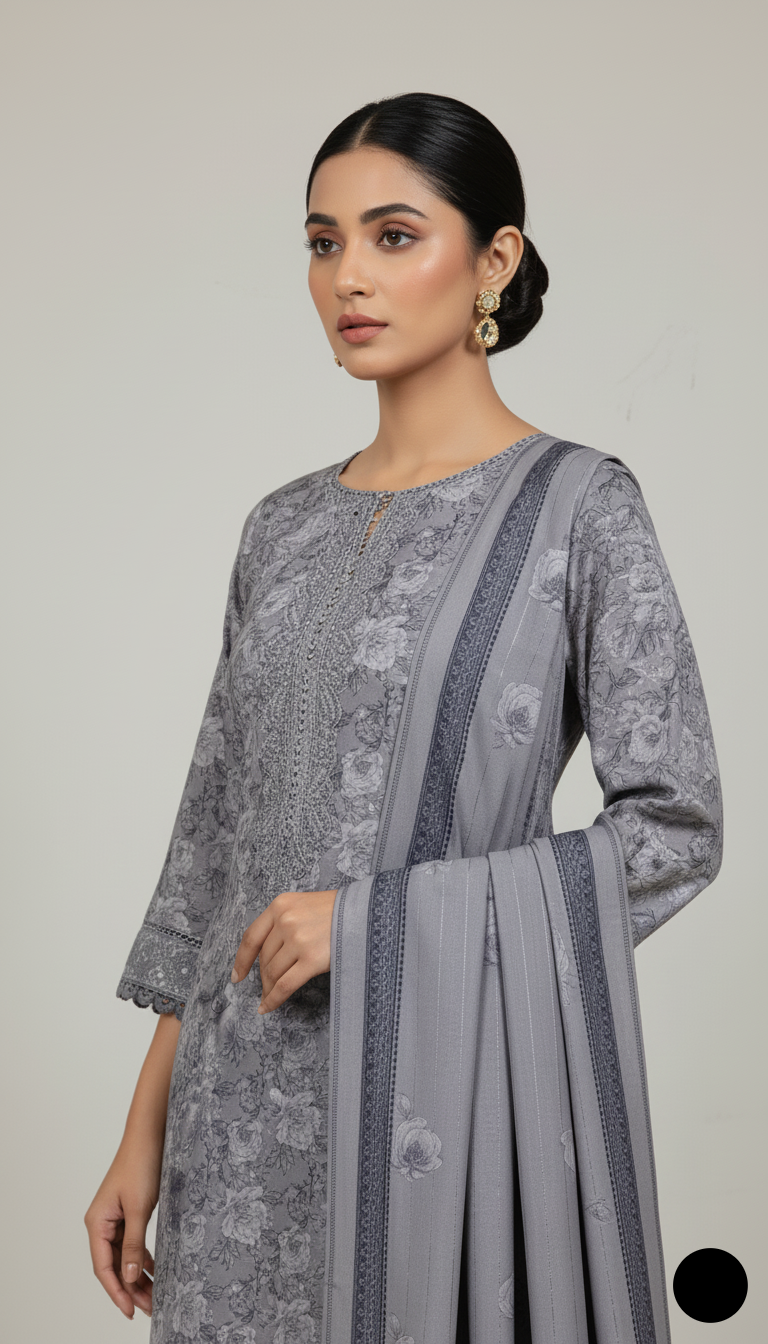 Lawn A-Line printed shirt - Pakistani women's casual summer outfit with cotton trouser and lawn dupatta front view